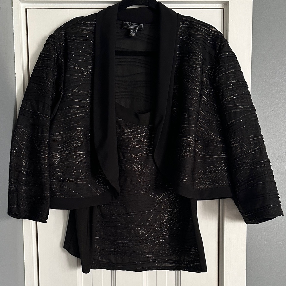 Dressbarn Black & Gold Metallic Textured 2-Piece Bolero Jacket & Tank Set, 1X